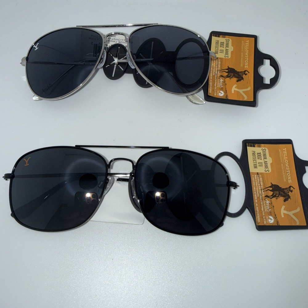 2 NWT Pair Authentic Yellowstone Show-Yellowstone Logo Aviator Sunglasses UV400